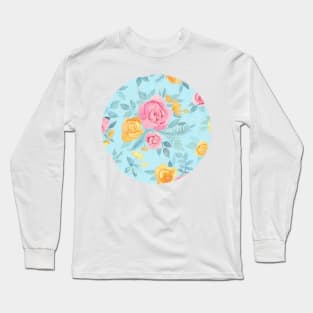 Chalk Pastel Pink & Orange Roses on Sky Blue Long Sleeve T-Shirt